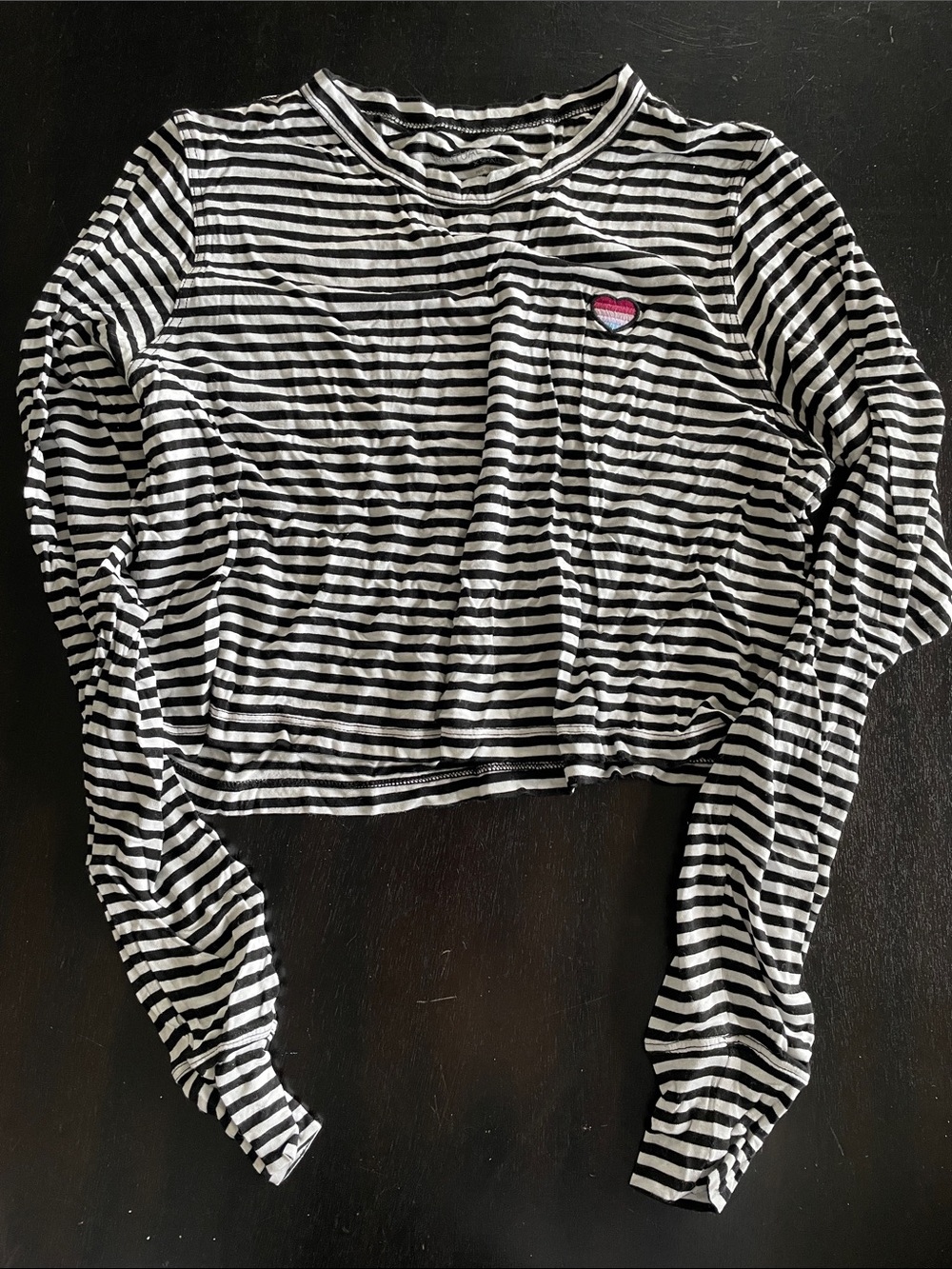 Spiritual Gangster Black & White Striped Long Sleeve Crop Top with Pink Heart